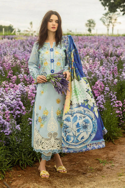 Light Blue Floral Embroidered Lawn 3-Pc Suit With Silk Dupatta