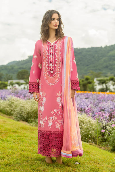 Pink Floral Embroidered Lawn 3-Pc Suit With Silk Dupatta