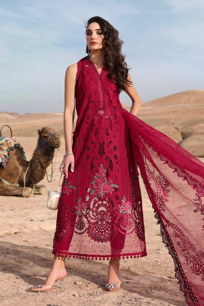Red Embroidered Paper Cotton 3Pc Suit With Organza Dupatta