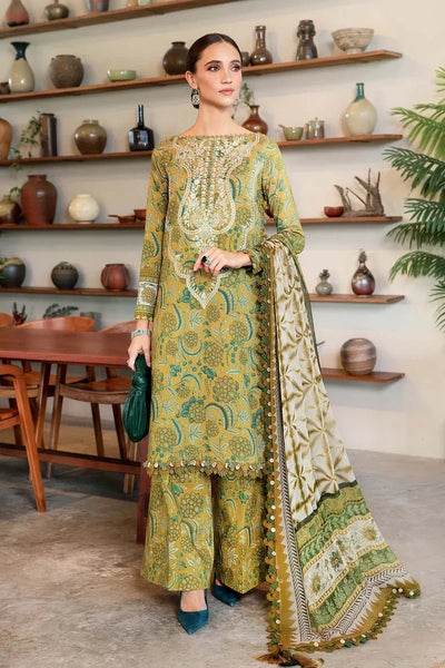 Mustard Green Printed Lawn Suit With Embroidered Neck And Dupatta
