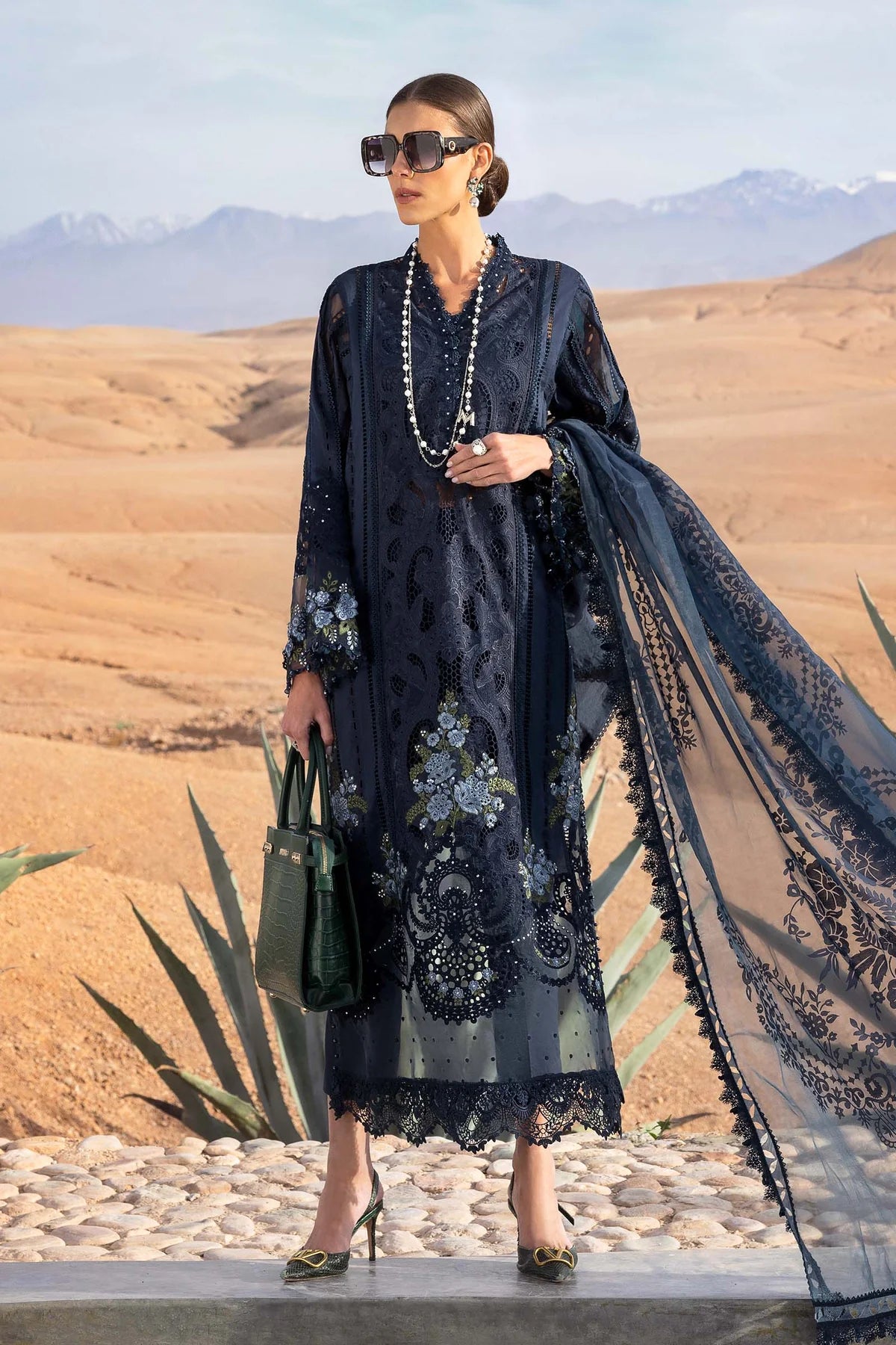 Navy Blue Embroidered Paper Cotton 3Pc Suit With Organza Dupatta