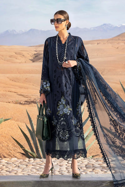 Navy Blue Embroidered Paper Cotton 3Pc Suit With Organza Dupatta