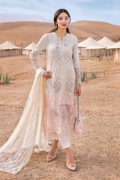 White & Pink Embroidered Paper Cotton 3-Pc Suit With Organza Dupatta