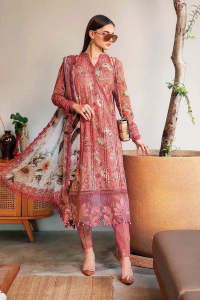 Peach  Printed Lawn Suit With Embroidered Neck And Chiffon Dupatta