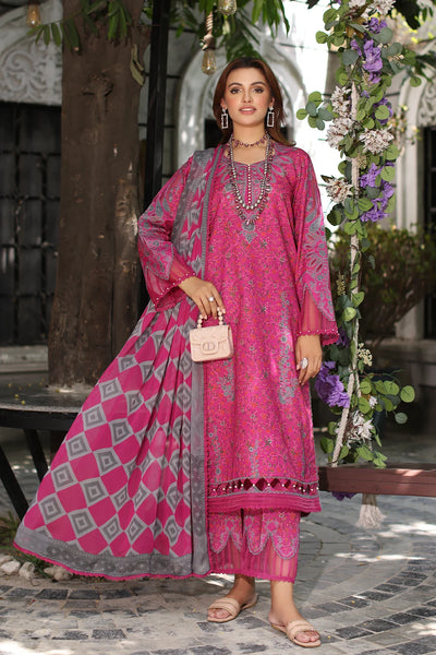Fuchsia Pink 3 Pc Printed Suit With Chiffon Dupatta