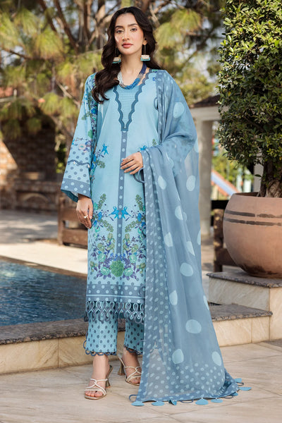 Powder Blue 3 Pc Printed Suit With Chiffon Dupatta