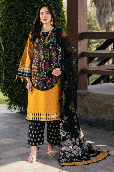 Mustard Yellow & Black 3 Pc Printed Suit With Chiffon Dupatta