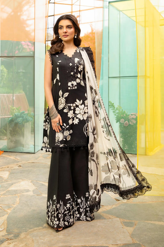 Shop 3-Pc Unstitched Printed Lawn Suit MB-CUS25-706B | Digital Printed Dupatta And Black Shirt | Tayaba