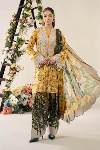 Off-White & Yellow 3-Pc Embroidered & Printed Lawn Suit