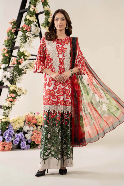 Off-White & Red 3-Pc Embroidered & Printed Lawn Suit