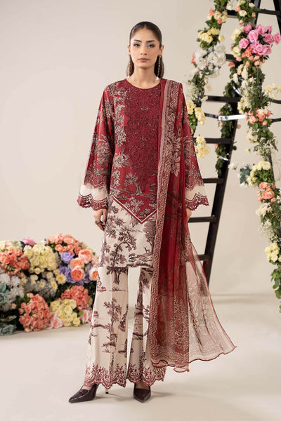 Maroon & Off-White 3-Pc Embroidered & Printed Lawn Suit