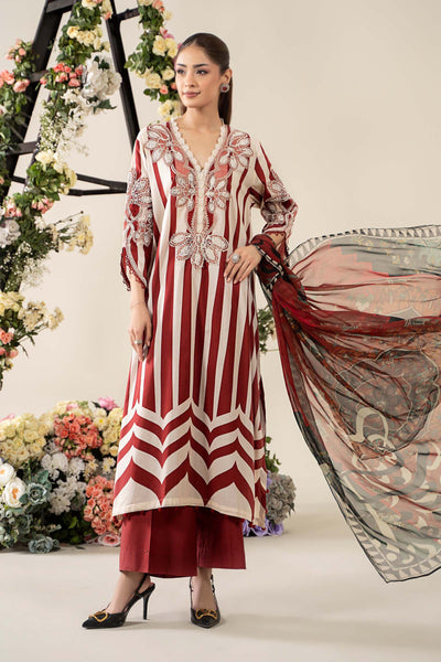 White & Maroon 3-Pc Embroidered & Printed Lawn Suit