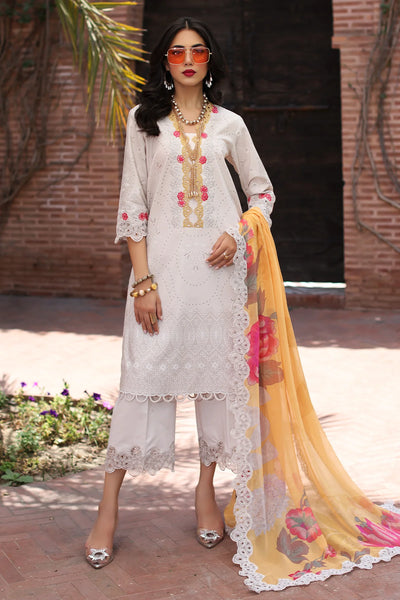 Off-White & Mustard Printed Lawn Suit With Embroidered Chiffon Dupatta