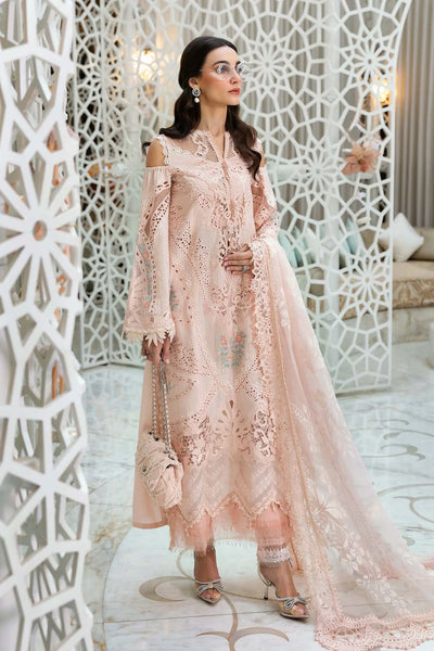 Peach Embroidered Paper Cotton 3Pc Suit With Organza Dupatta