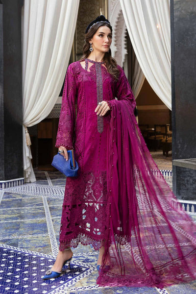 Magenta Embroidered Paper Cotton 3Pc Suit With Organza Dupatta