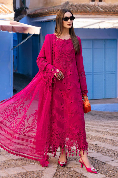  Fuchsia Pink Embroidered Paper Cotton 3Pc Suit With Organza Dupatta