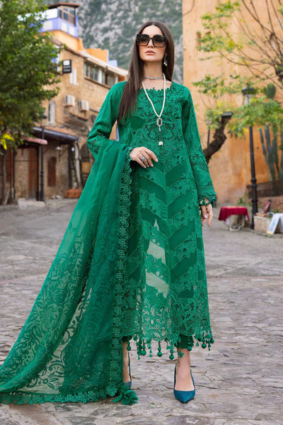 Emerald Green Embroidered Paper Cotton 3Pc Suit With Organza Dupatta