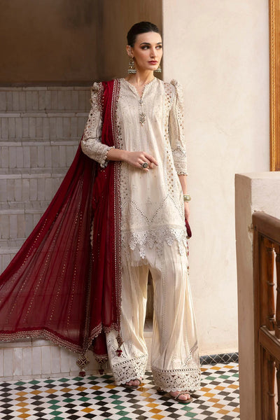 Beige Embroidered Paper Cotton 3Pc Suit With Organza Dupatta