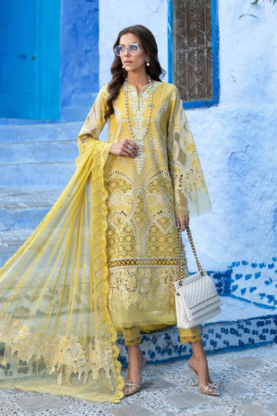 Lime Yellow Embroidered Paper Cotton 3Pc Suit With Organza Dupatta