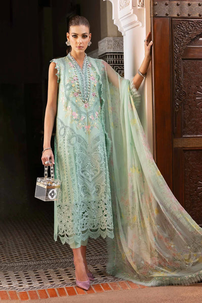 Aqua Embroidered Paper Cotton 3Pc Suit With Organza Dupatta