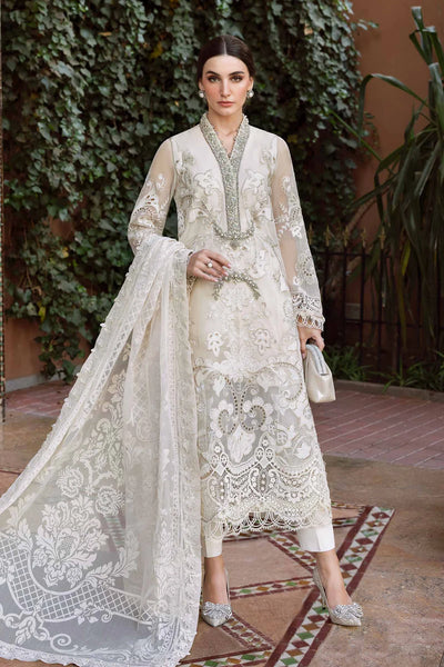 Pearl White Embroidered Paper Cotton 3Pc Suit With Organza Dupatta
