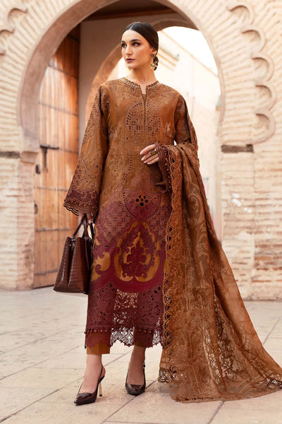 Rust Embroidered Paper Cotton 3Pc Suit With Organza Dupatta