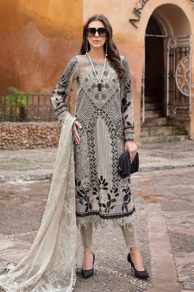 Mouse Grey Embroidered Paper Cotton 3Pc Suit With Organza Dupatta
