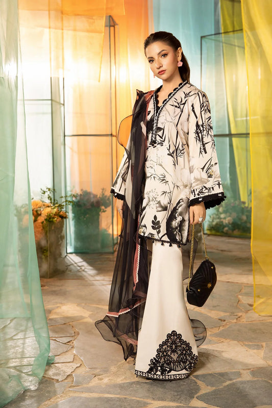 Unstitched 3-Pc Off White Lawn Suit MB-CUS25-713B | Digital Print Shirt & Dupatta