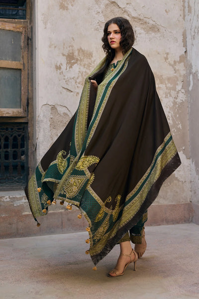 Forest Green 3 Piece Printed Linen Suit For Women