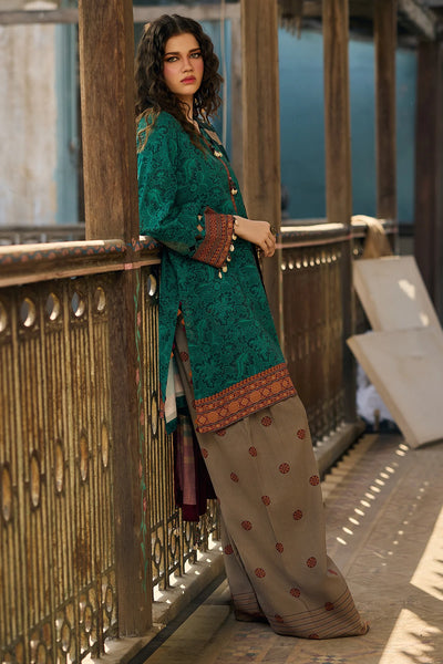 Teal Green 3 Piece Printed Linen Suit For Women