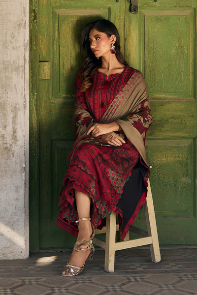 Crimson Red 3 Piece Printed Linen Suit For Women