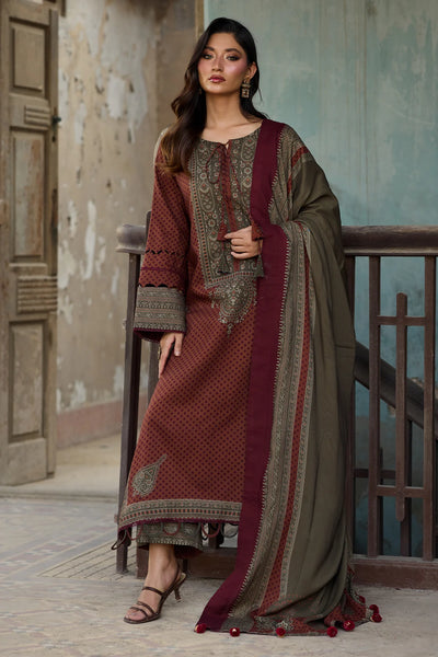 Maroon Brown 3 Piece Printed Linen Suit For Women