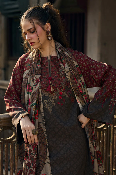 Charcoal Brown 3 Pc Printed Linen Suit For Women