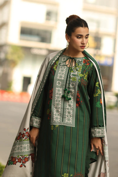 Bottle Green 3 Piece Printed Linen Suit For Women