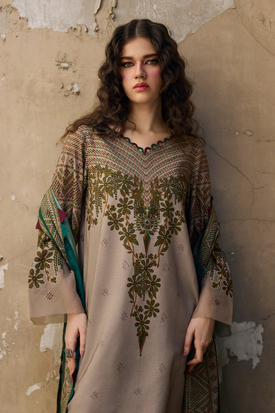 Warm Beige 3 Piece Printed Linen Suit For Women