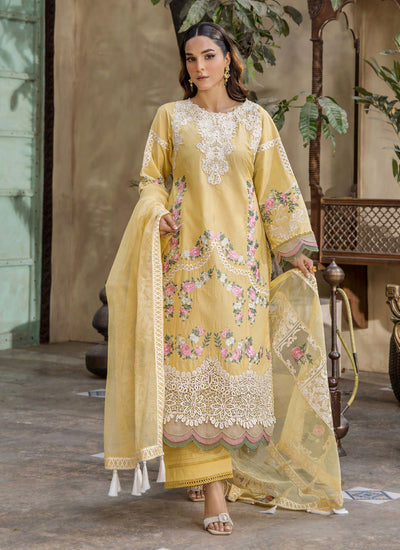 Pastel Yellow Embroidered Lawn 3-Pc Suit With Rajjonet Dupatta